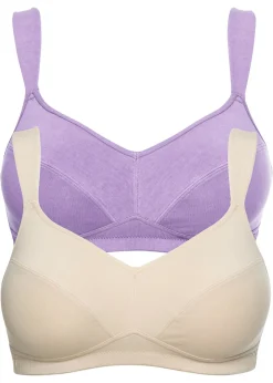 bonprix bonprix Sujetador sin aros de algodón orgánico (2 unidades) Lila + beige arena Hot