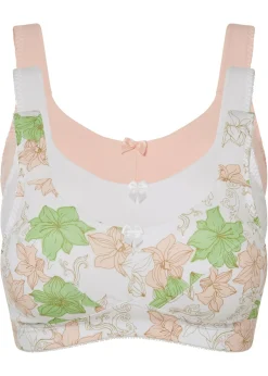 bonprix bonprix Sujetador sin aros de algodón (3 unidades) Blanco de flores + Rosa claro + Blanco New