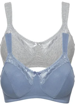 bonprix bonprix Sujetador sin aros de algodón orgánico (2 unidades) Gris jaspeado + azul mate Outlet
