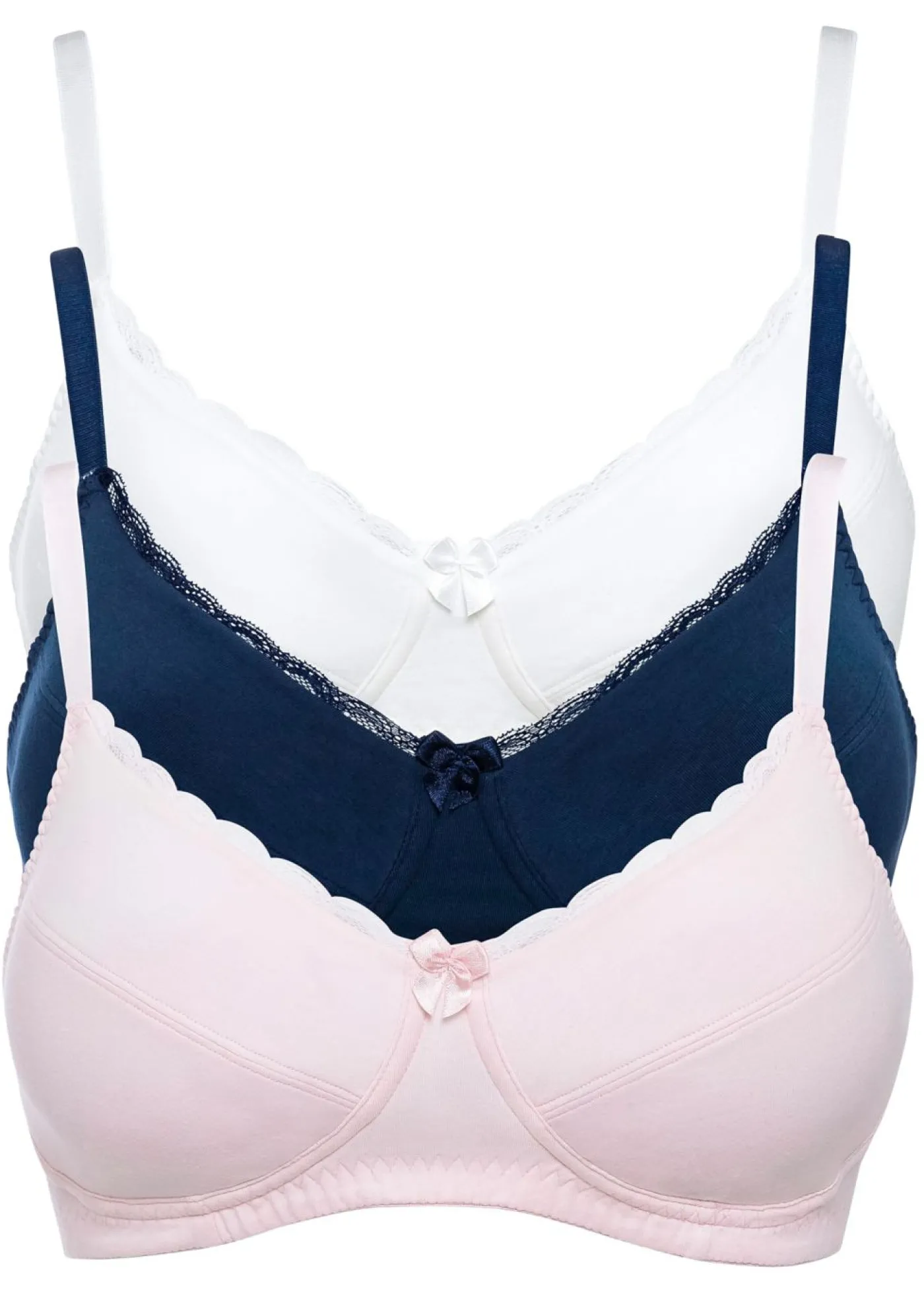 bonprix bonprix Sujetador sin aros de algodón (3 unidades) Rosa claro + azul oscuro + crudo Online