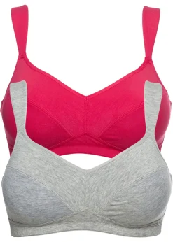 bonprix bonprix Sujetador sin aros de algodón orgánico (2 unidades) Rosa hibisco + gris claro jaspeado New