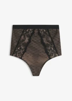 bonprix bonprix Tanga con efecto moldeador medio y encaje negro-marrón claro Hot