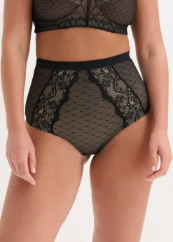 bonprix bonprix Tanga con efecto moldeador medio y encaje negro-marrón claro Hot