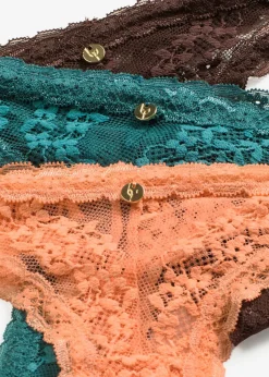 bonprix bonprix Tanga con encaje de flores (3 unidades) marrón oscuro+papaya suave+verde pimiento Clearance