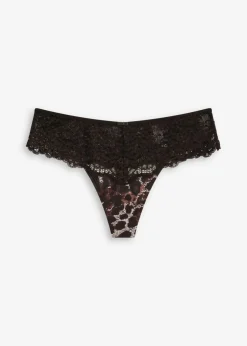 bonprix bonprix Tanga de encaje fino estampado leo negro-piedra-marrón oscuro-marrón castaño New