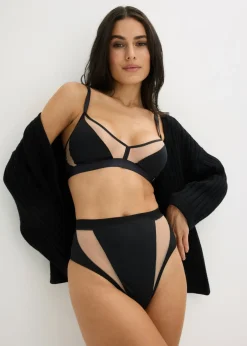 bonprix bonprix Tanga de talle alto con insertos transparentes negro-marrón claro Outlet