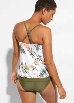 bonprix bonprix Tankini bandeau (2 piezas) con tirantes multiposición blanco/verde oliva oscuro con flores