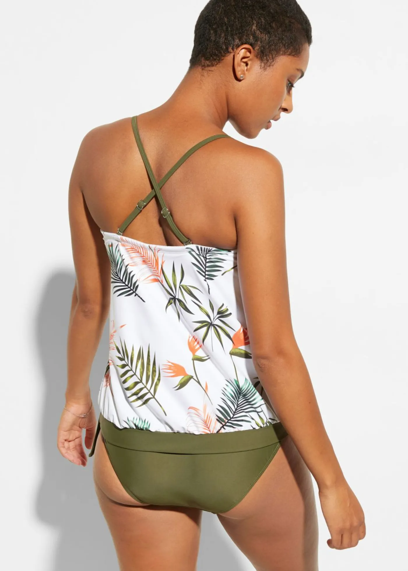 bonprix bonprix Tankini bandeau (2 piezas) con tirantes multiposición blanco/verde oliva oscuro con flores