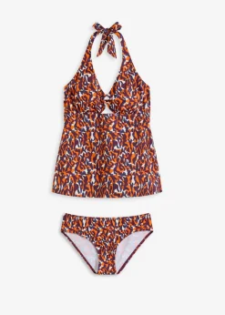bonprix bonprix Tankini con cuello halter (2 piezas) con detalle de anilla estampado leo púrpura-marrón claro Sale