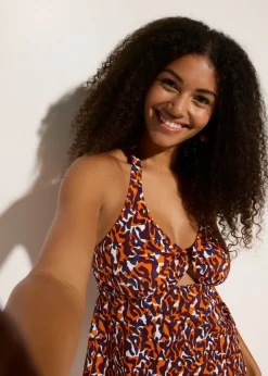 bonprix bonprix Tankini con cuello halter (2 piezas) con detalle de anilla estampado leo púrpura-marrón claro Sale