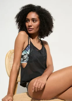 bonprix bonprix Tankini holgado (3 piezas) con top de bikini tipo bustier azul/negro con estampado de flores Hot