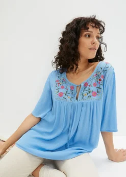 bonprix bonprix Túnica arrugada de viscosa suave Azul brillante de flores Discount