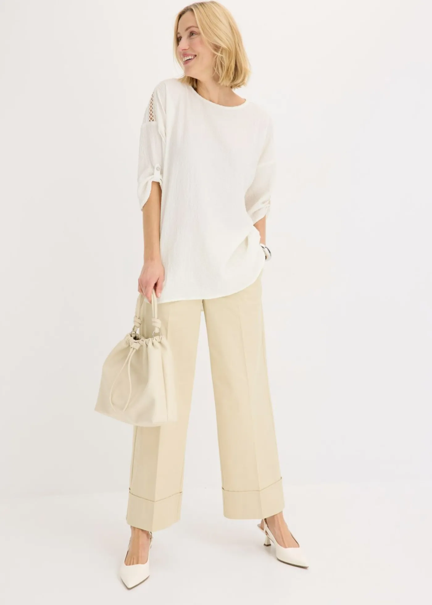 bonprix bonprix Túnica con estructura y cinta de encaje Blanco lana Clearance