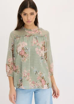 bonprix bonprix Túnica de gasa estampada verde pastel con flores Outlet