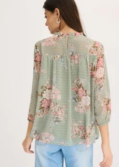 bonprix bonprix Túnica de gasa estampada verde pastel con flores Outlet