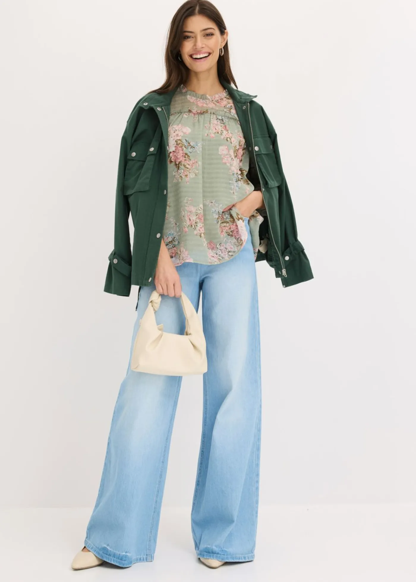 bonprix bonprix Túnica de gasa estampada verde pastel con flores Outlet