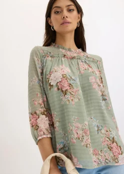 bonprix bonprix Túnica de gasa estampada verde pastel con flores Outlet