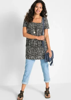 bonprix bonprix Túnica de manga corta Negro-blanco con estampado paisley Discount