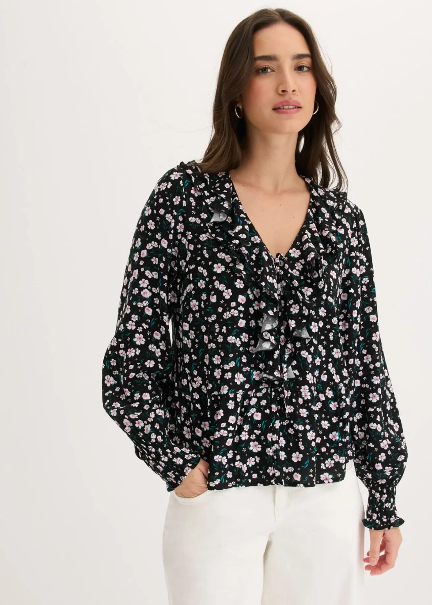 bonprix bonprix Túnica de mezcla de viscosa fina Negro de flores
