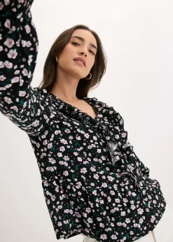 bonprix bonprix Túnica de mezcla de viscosa fina Negro de flores