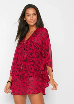 bonprix bonprix Túnica de playa de gasa ligera Rojo cayena/negro de flores New