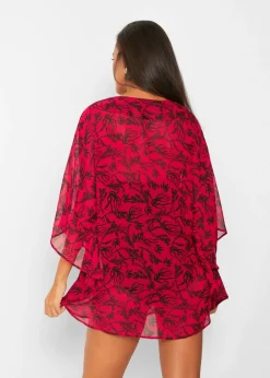bonprix bonprix Túnica de playa de gasa ligera Rojo cayena/negro de flores New