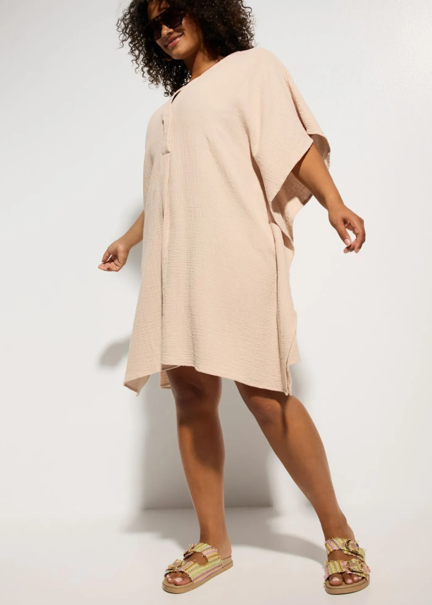 bonprix bonprix Túnica de playa de muselina vaporosa Beige tiza Online