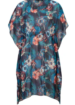bonprix bonprix Túnica de playa larga de gasa ligera Azul oscuro-turquesa de flores Sale