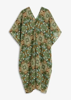 bonprix bonprix Túnica de playa oversize de gasa ligera verde/beige con flores Hot