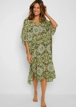 bonprix bonprix Túnica de playa oversize de gasa ligera verde/beige con flores Hot