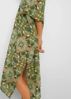 bonprix bonprix Túnica de playa oversize de gasa ligera verde/beige con flores Hot