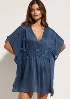 bonprix bonprix Túnica de playa transparente con escote en V Azul almirante Hot