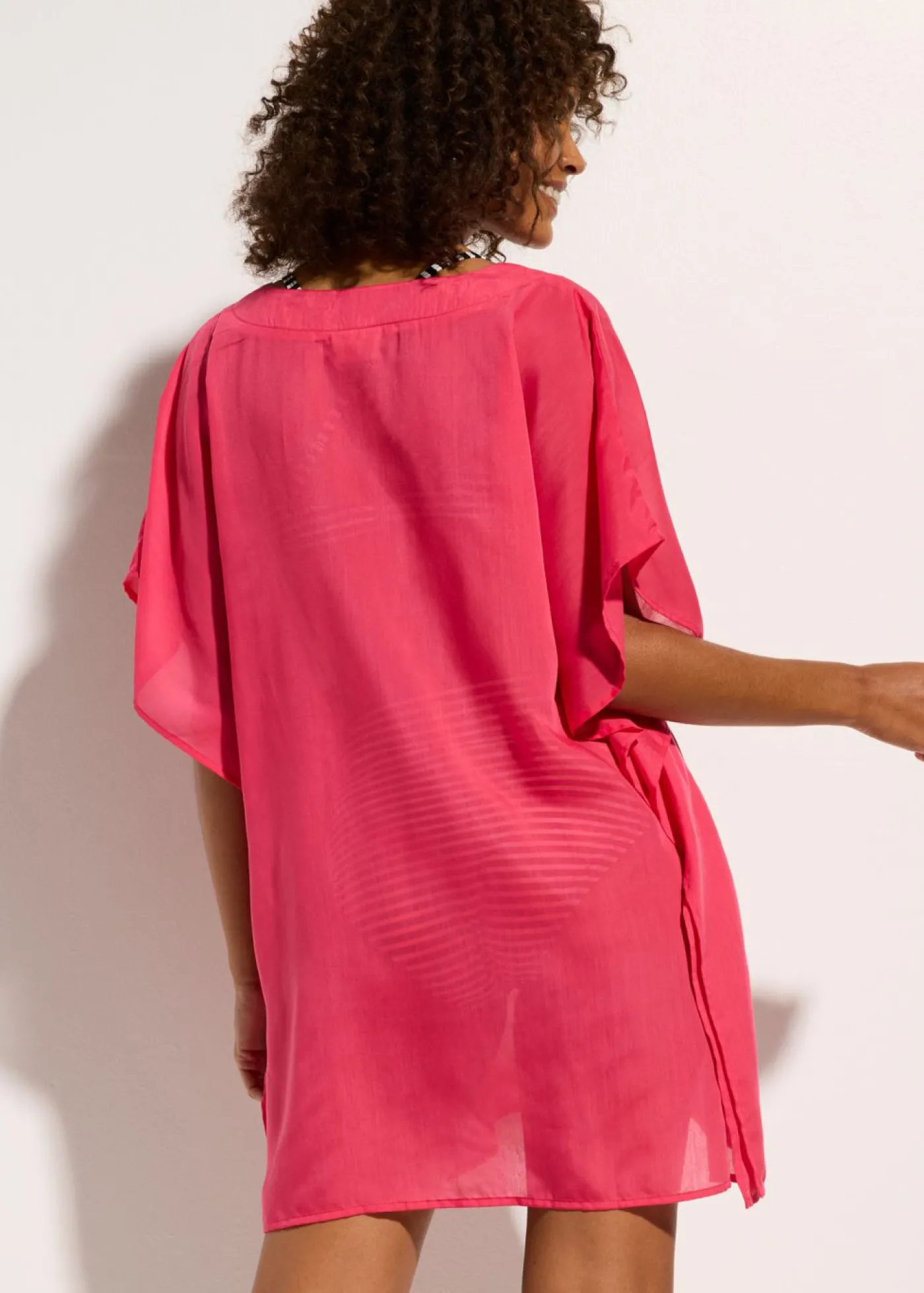 bonprix bonprix Túnica de playa transparente con escote en V Rosa hibisco Outlet