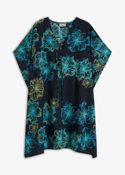 bonprix bonprix Túnica de playa transparente con escote en V azul marino/turquesa de flores Hot