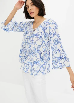 bonprix bonprix Túnica de viscosa estructurada Blanco-azul Discount