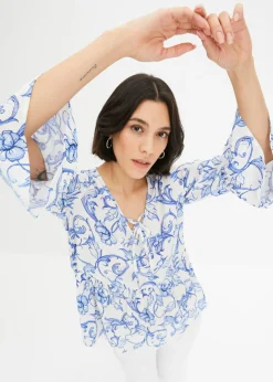 bonprix bonprix Túnica de viscosa estructurada Blanco-azul Discount