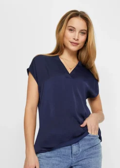 bonprix bonprix Túnica holgada de satén de manga corta con hombros caídos Azul marino Outlet