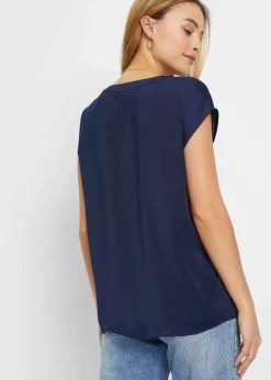 bonprix bonprix Túnica holgada de satén de manga corta con hombros caídos Azul marino Outlet