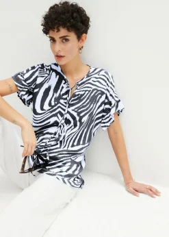 bonprix bonprix Túnica holgada de viscosa Blanco-negro con estampado de cebra Discount