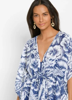 bonprix bonprix Túnica transparente de playa Azul-blanco de flores