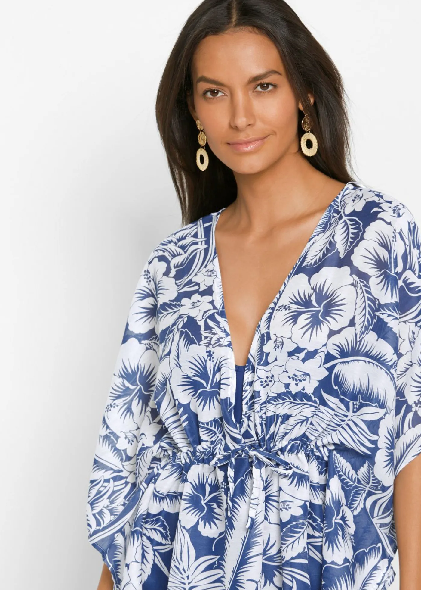 bonprix bonprix Túnica transparente de playa Azul-blanco de flores