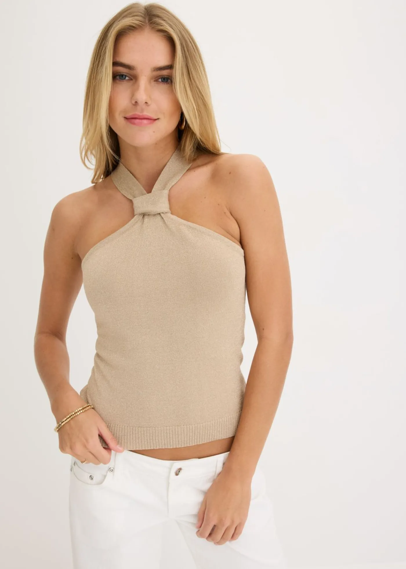 bonprix bonprix Top anudado al cuello de viscosa suave Champán Discount