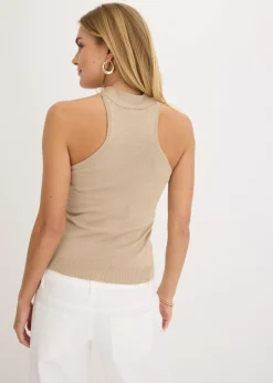 bonprix bonprix Top anudado al cuello de viscosa suave Champán Discount