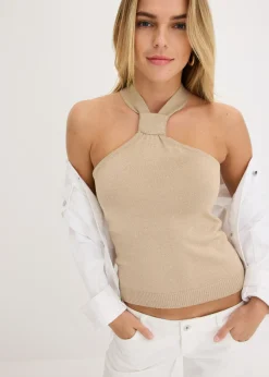 bonprix bonprix Top anudado al cuello de viscosa suave Champán Discount