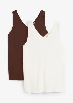 bonprix bonprix Top de algodón orgánico puro (2 unidades) blanco lana/marrón tierra Outlet