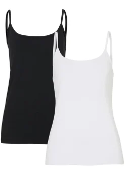 bonprix bonprix Top de algodón orgánico puro con tirantes finos (2 unidades) Blanco-negro Hot