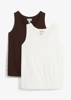 bonprix bonprix Top de algodón orgánico puro (2 unidades) Blanco lana-marrón oscuro Sale