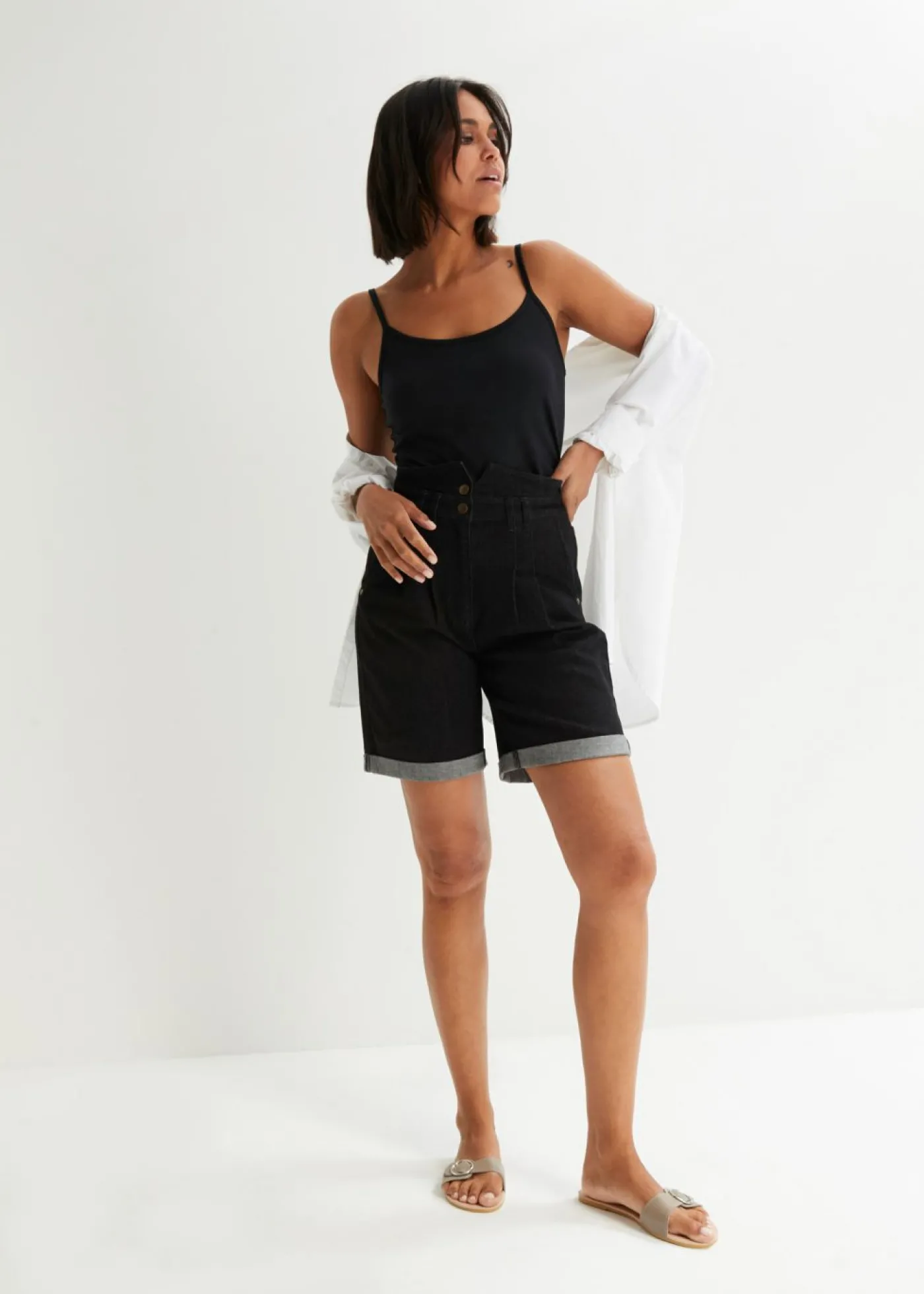 bonprix bonprix Top de algodón orgánico puro con tirantes finos (2 unidades) Negro Hot