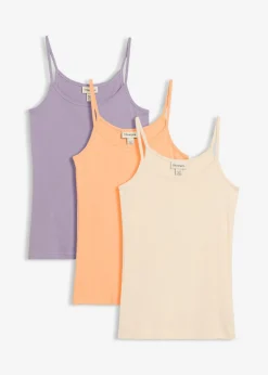 bonprix bonprix Top de algodón puro con tirantes finos (3 unidades) gris guijarro/violeta ahumado/papaya Clearance