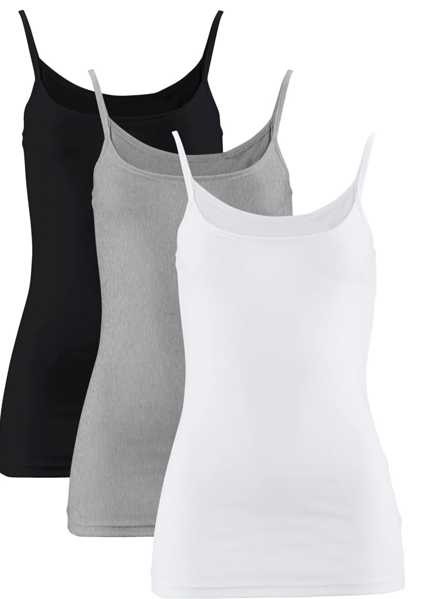 bonprix bonprix Top de algodón puro con tirantes finos (3 unidades) Blanco + gris claro jaspeado + negro Online